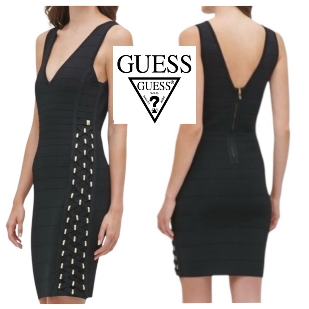 Guess V-neck Dress In Black Size XXL Gold-Tone Hardware Bandage